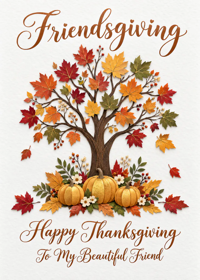 Thanksgiving card with Friendsgiving wording, an autumn tree, colourful leaves and pumpkins.