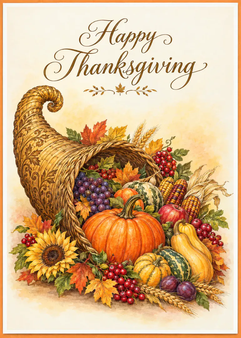Thanksgiving card featuring a cornucopia filled with pumpkins, gourds, grapes, berries, wheat and autumn leaves.