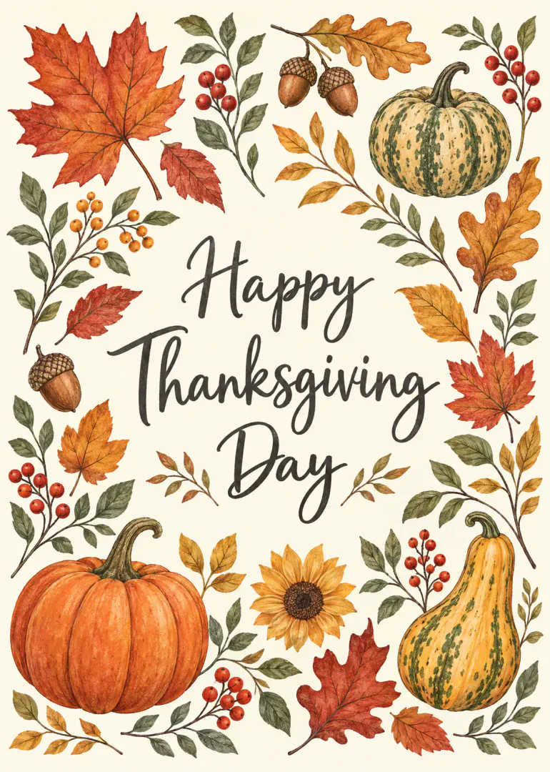 Thanksgiving card with hand-lettered Happy Thanksgiving Day surrounded by pumpkins, gourds, autumn leaves, acorns, berries and a sunflower.