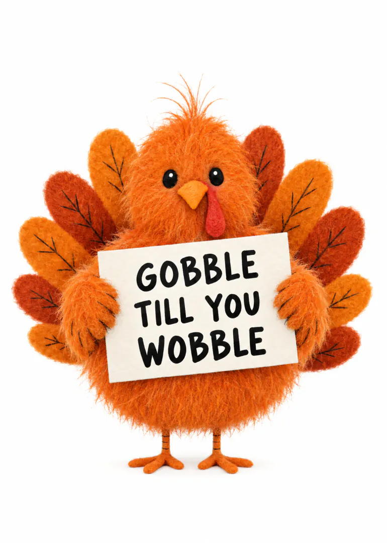 Fluffy orange toy turkey holding a sign that reads “GOBBLE TILL YOU WOBBLE”.