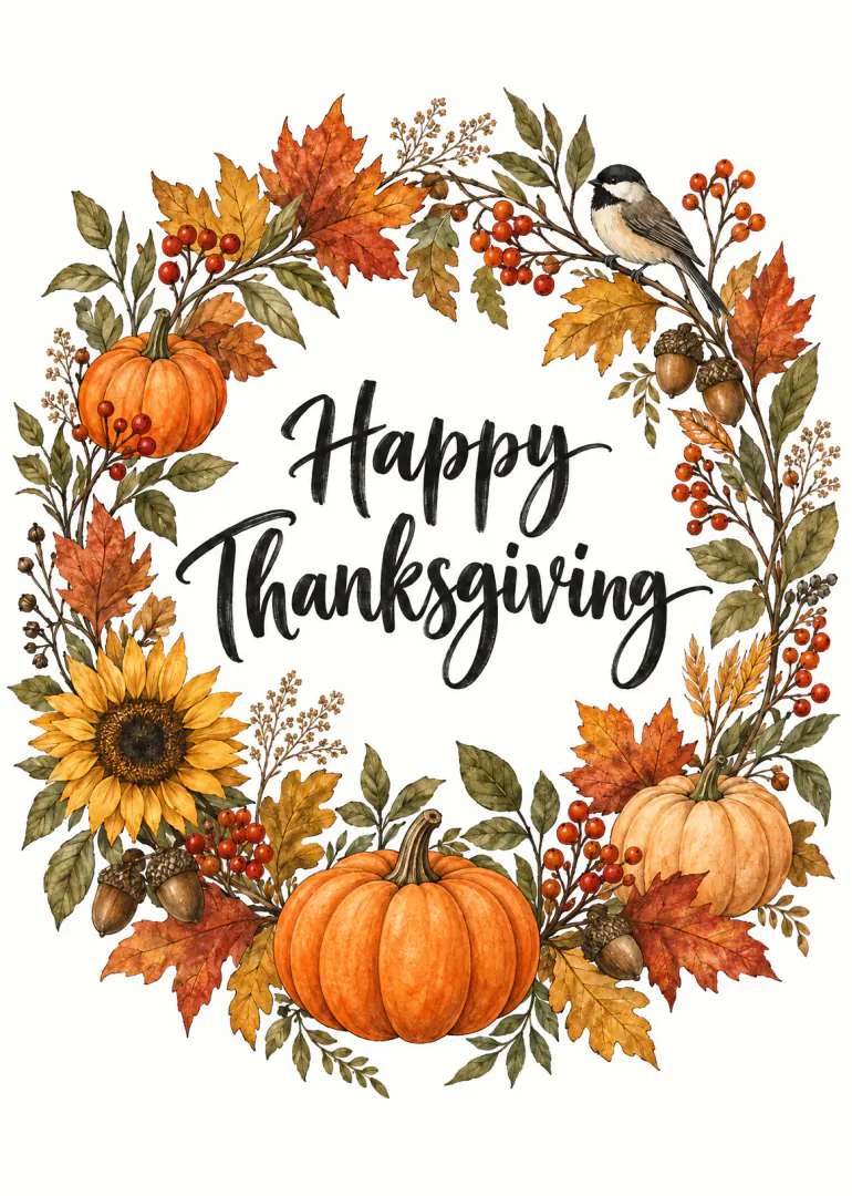 Watercolour-style Thanksgiving card with pumpkins, autumn leaves, berries, acorns, a sunflower and a chickadee framing black script lettering.