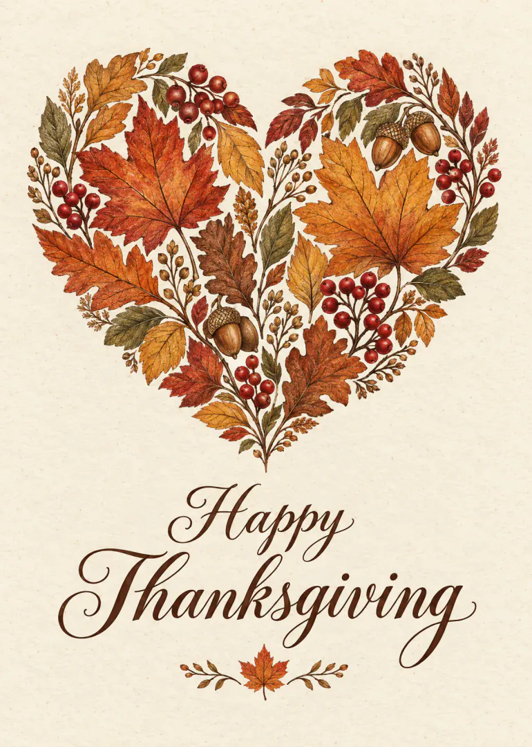 Thanksgiving card with a heart made from colourful autumn leaves, berries and acorns above script lettering.