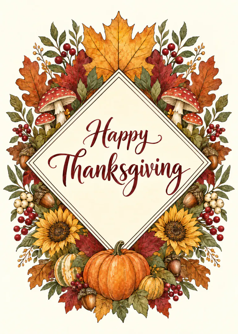 Watercolour-style Thanksgiving card with pumpkins, mushrooms, sunflowers and autumn leaves around a Happy Thanksgiving message.