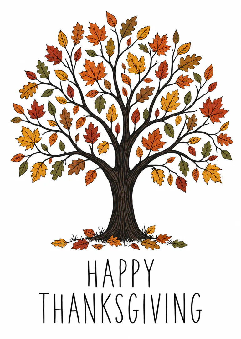 Illustrated tree with colourful autumn leaves and Happy Thanksgiving wording on a white background.