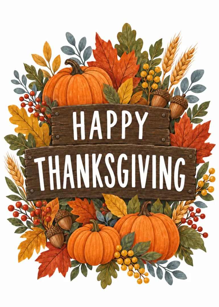 Watercolour-style Thanksgiving card with pumpkins, acorns, wheat, berries and autumn leaves around rustic wooden signs reading “HAPPY THANKSGIVING”.