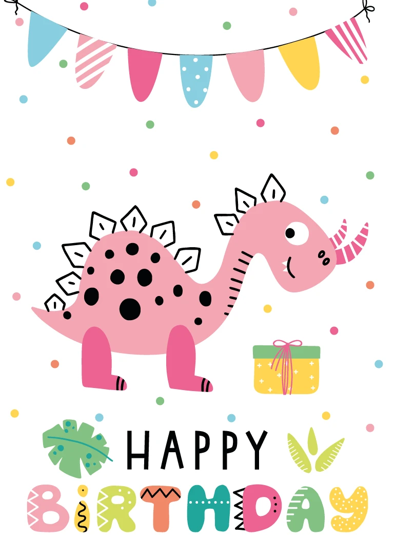 Pink cartoon dinosaur under bunting with Happy Birthday text, confetti dots, and a small gift.