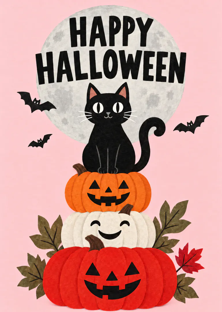 Pink Halloween card featuring a black cat on stacked jack-o'-lantern pumpkins beneath a moon, with flying bats.