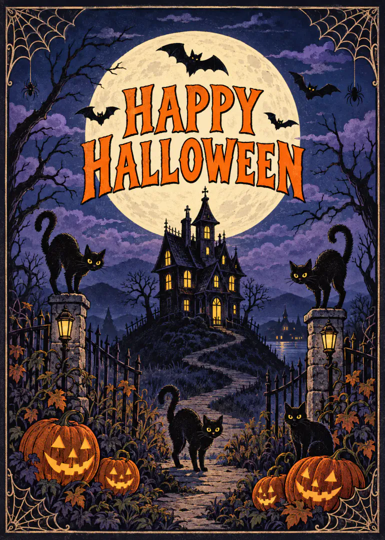 Vintage-style Halloween card with a haunted house, full moon, bats, black cats and glowing jack-o'-lanterns.