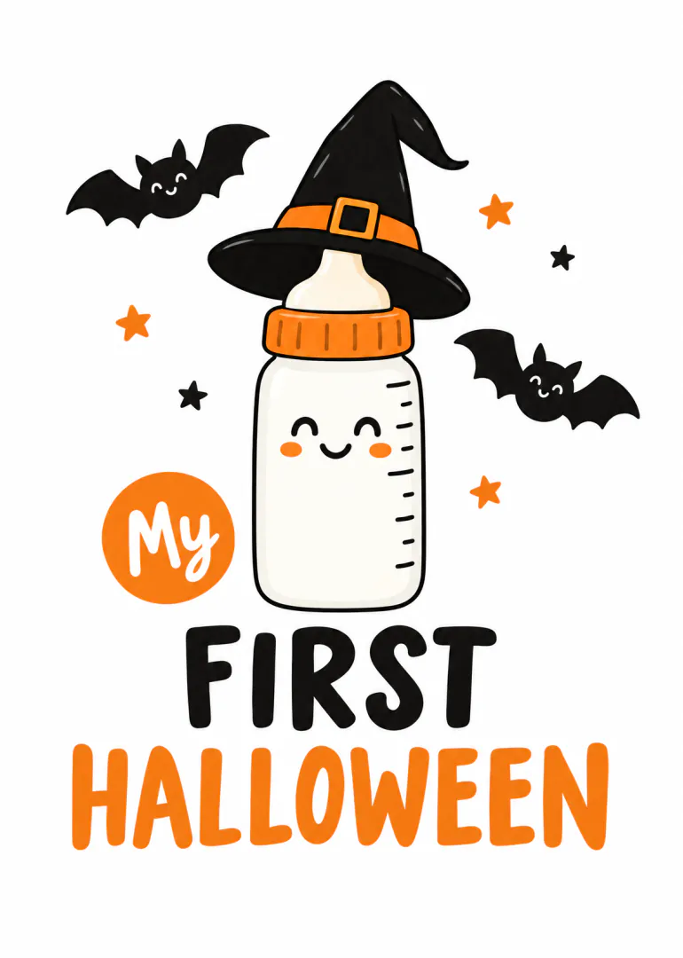 Cute illustration of a baby bottle wearing a black witch hat, with smiling bats and the words “My First Halloween”.