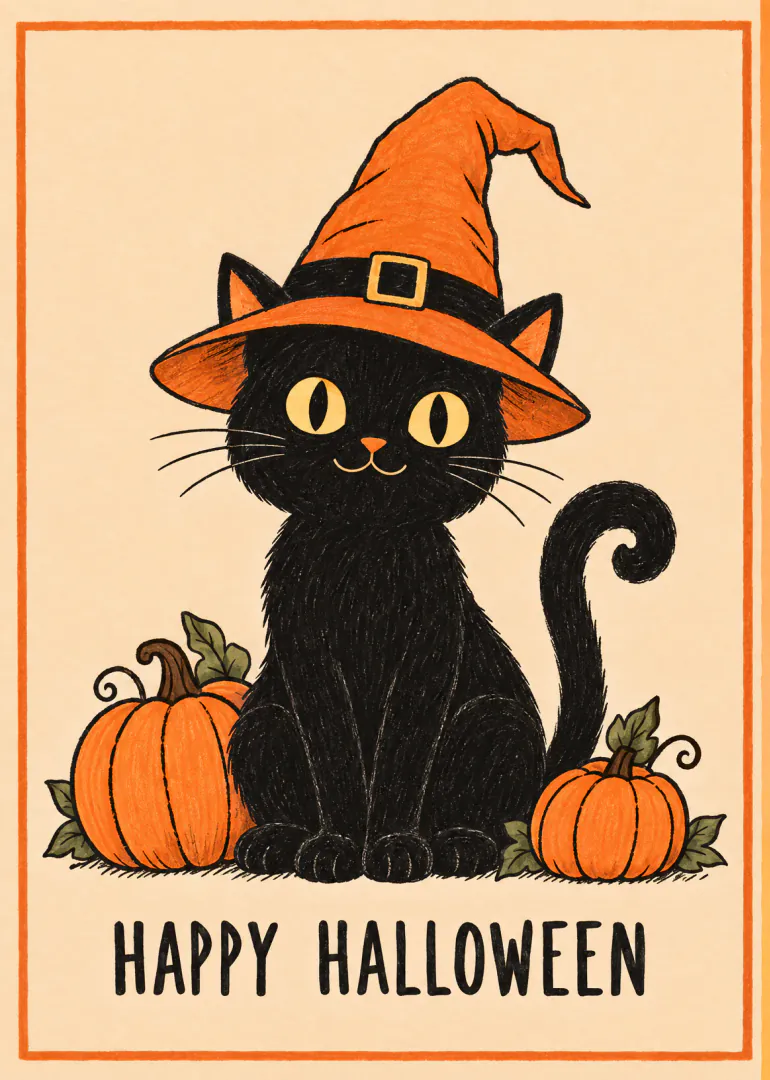 Illustrated black cat in an orange witch hat sitting between pumpkins, with Happy Halloween lettering.