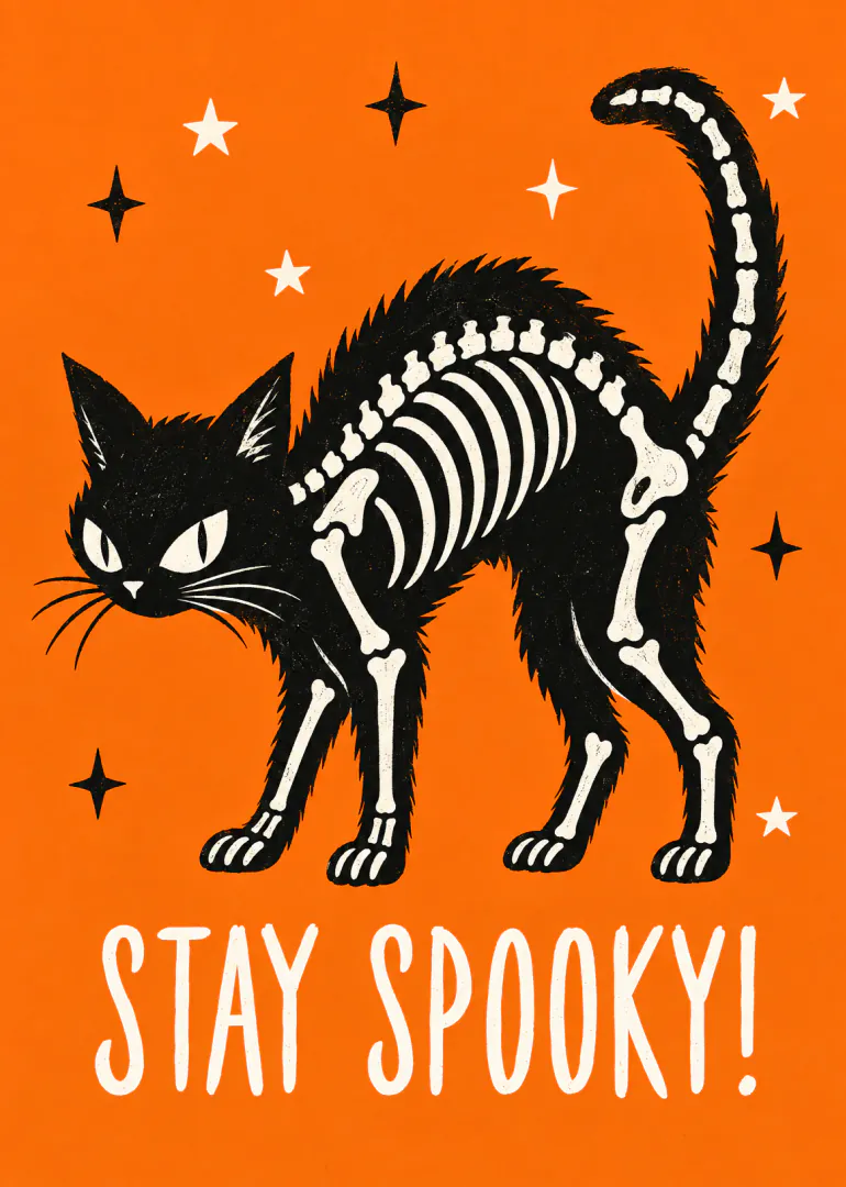 Orange Halloween card featuring a black arched cat with a white skeleton and the words “STAY SPOOKY!”
