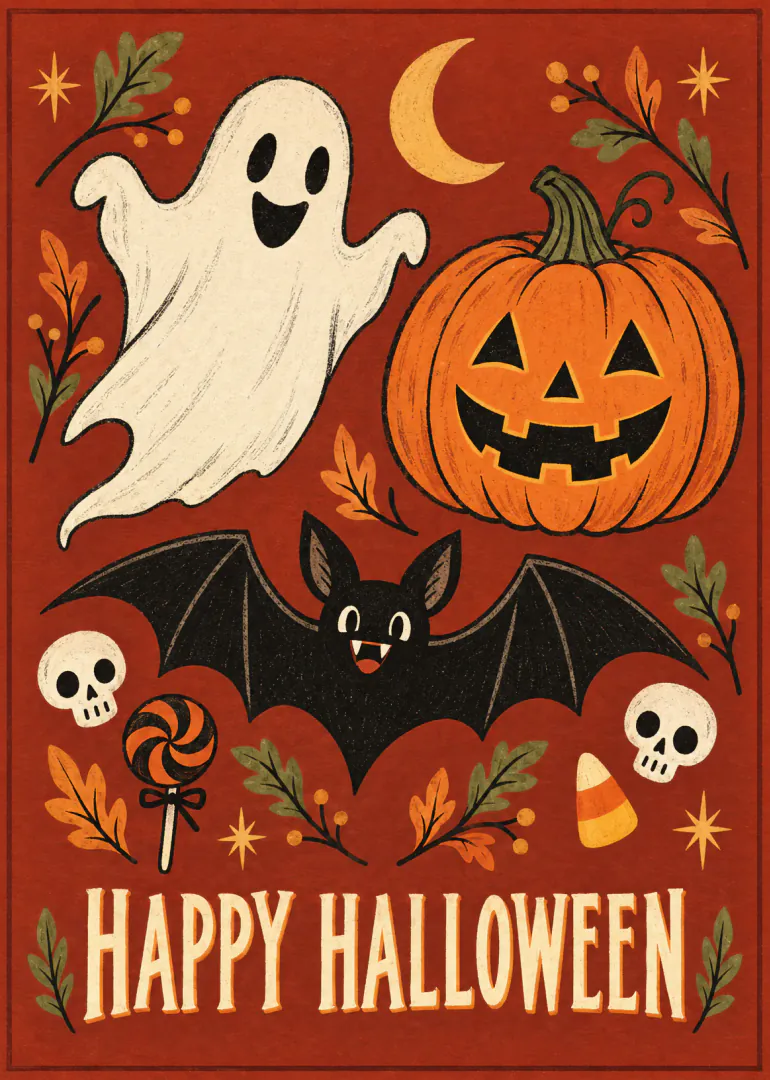 Vintage-style Halloween card with a smiling ghost, jack-o'-lantern pumpkin, flying bat, skulls and Happy Halloween text.