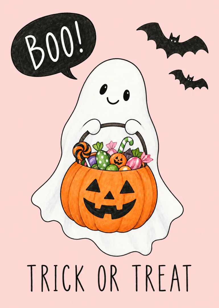 Illustrated smiling ghost holding a pumpkin basket of sweets, with bats and Halloween wording on a pale pink background.