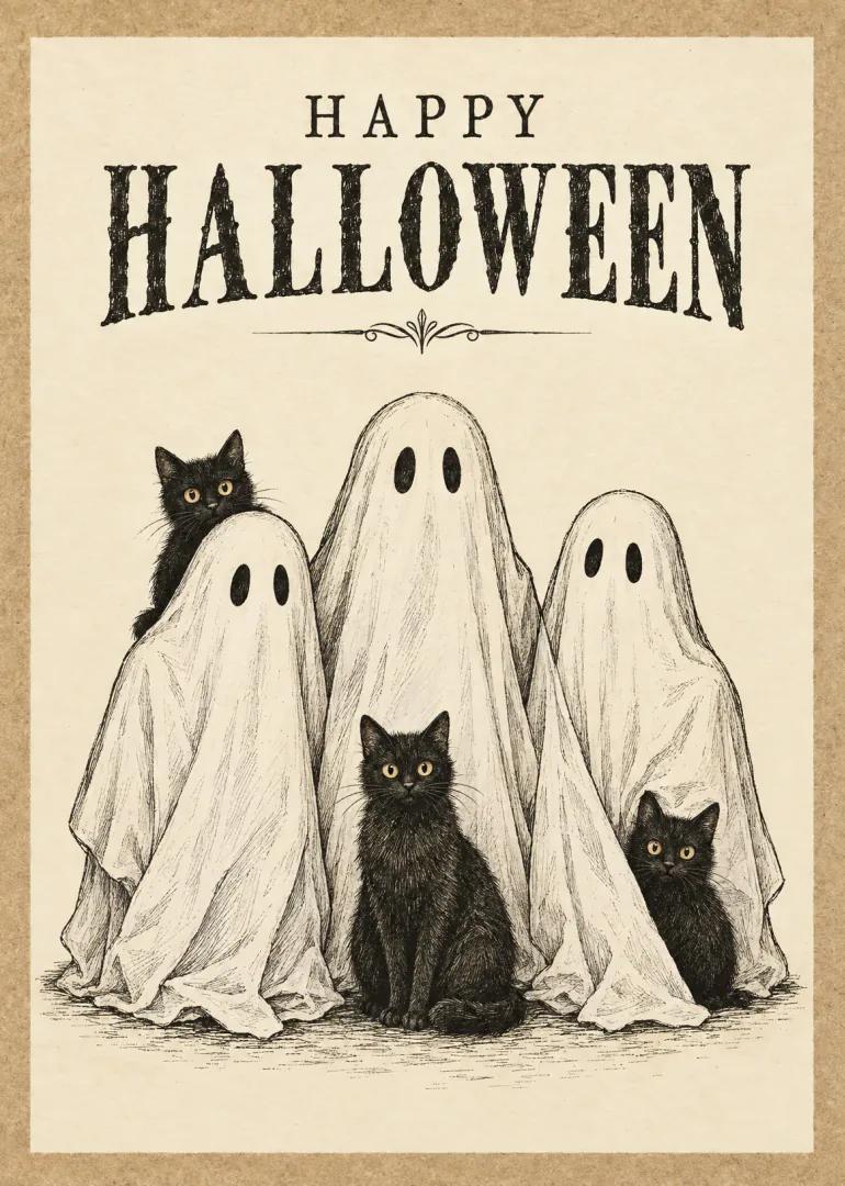 Vintage-style Halloween card with three sheet ghosts, three black cats and Happy Halloween text.