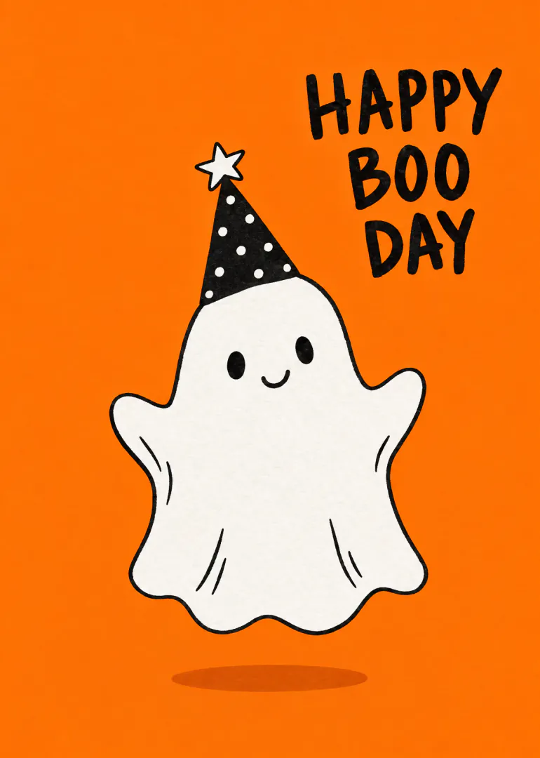 Orange card featuring a smiling white ghost in a black polka-dot party hat beneath the words Happy Boo Day.