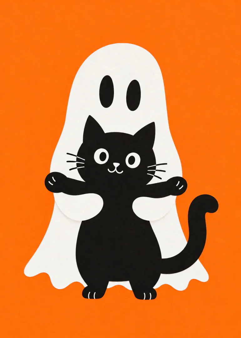 A black cat wearing a white ghost costume on a bright orange background.
