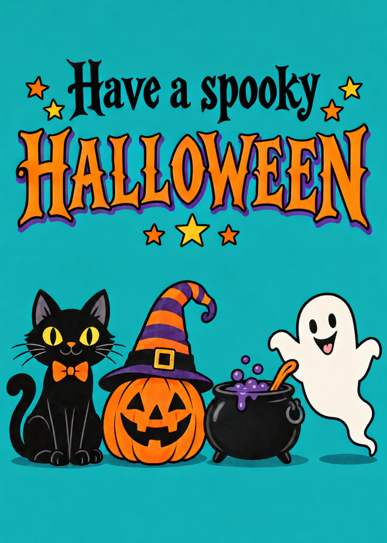 Turquoise Halloween card with a black cat, witch-hat pumpkin, bubbling cauldron and smiling ghost.