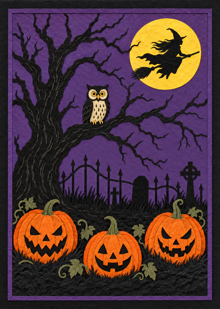 Textured paper-cut style Halloween scene with an owl, flying witch, yellow moon and three jack-o'-lanterns.