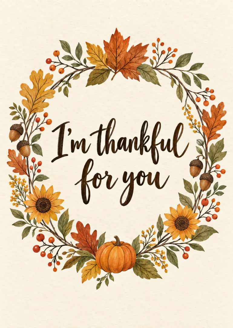 Autumnal botanical wreath with pumpkins, acorns, sunflowers and the message “I’m thankful for you”.