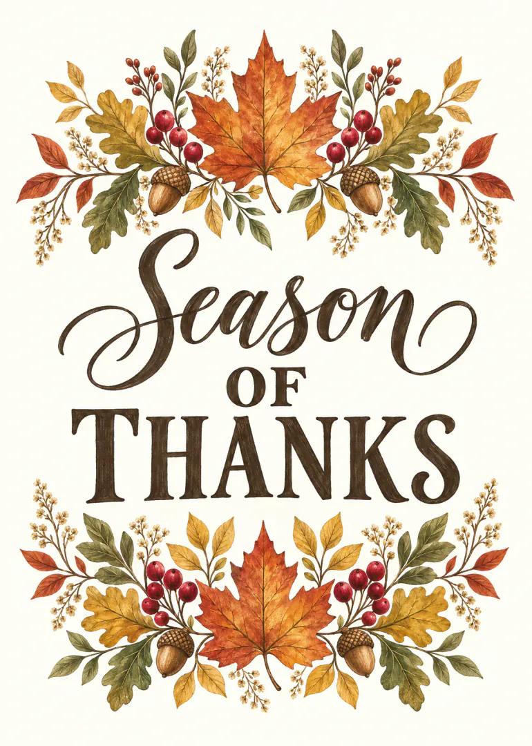Cream card with autumn leaves, acorns and red berries framing the words “Season of Thanks”.
