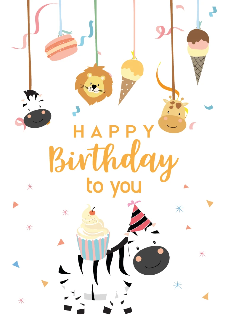 Cute birthday card with zebras, lion, giraffe, cupcakes, ice cream, confetti, and happy birthday greetings.