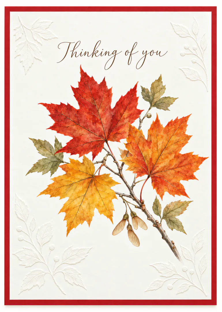 Cream card with a red border, autumn maple leaves and the words “Thinking of you”.