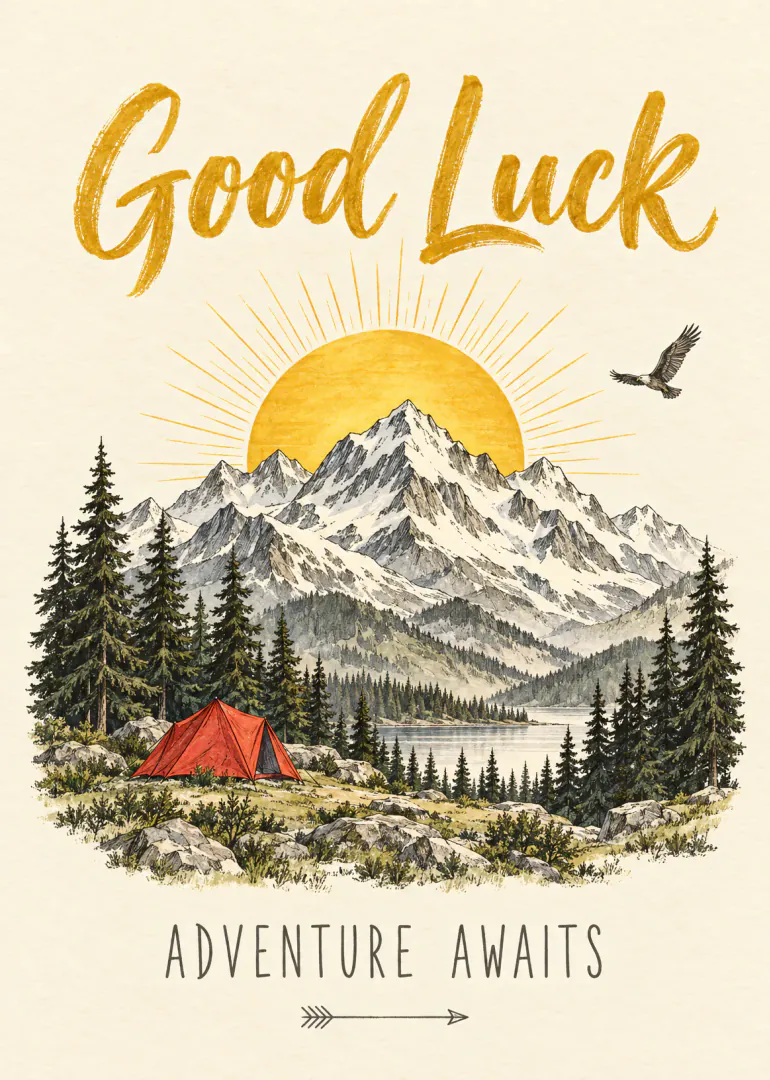 Illustrated mountain landscape with a golden sunrise, eagle, pine trees, red tent and the words “Good Luck Adventure Awaits”.