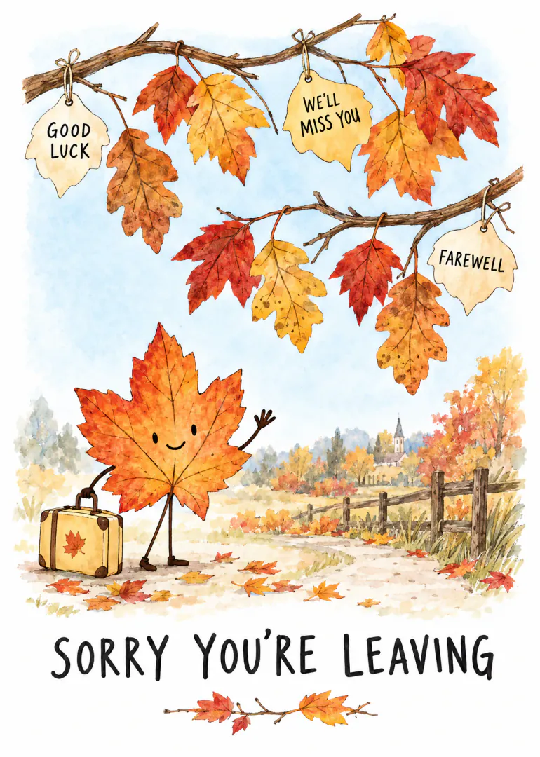 Watercolour farewell card with a smiling autumn leaf, suitcase and hanging leaves reading Sorry You’re Leaving.