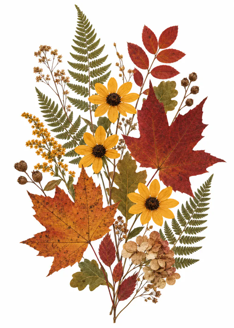 A vertical arrangement of pressed autumn leaves, fern fronds and yellow flowers on a white background.