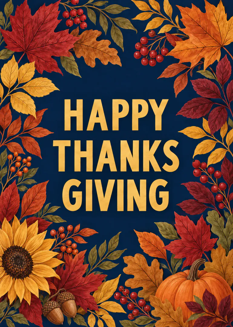 Thanksgiving card with gold Happy Thanks Giving lettering surrounded by autumn leaves, berries, a sunflower and pumpkin.