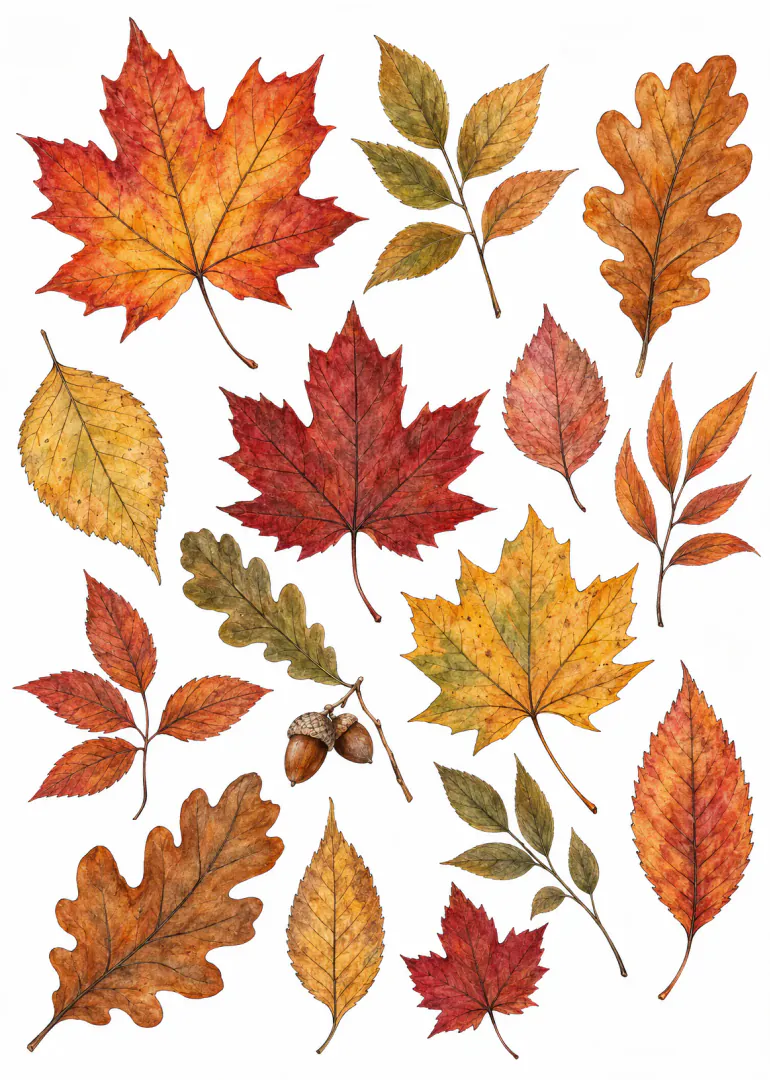A white card featuring a scattered arrangement of detailed watercolour autumn leaves, branches and acorns.