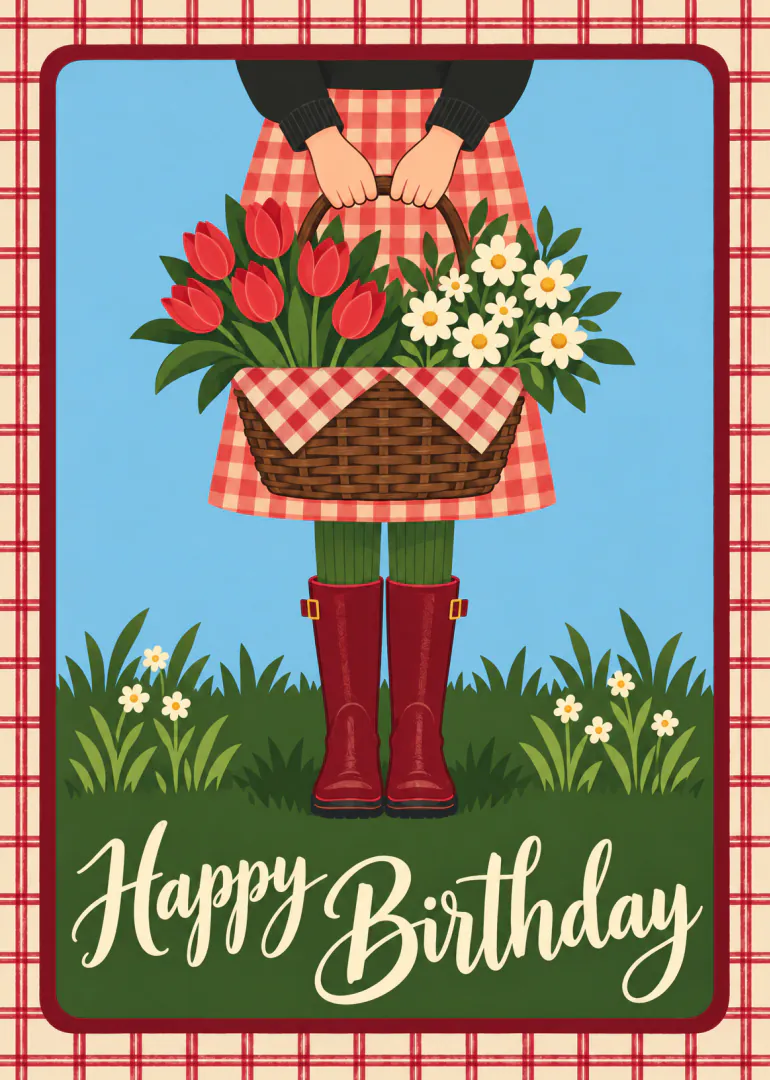 Illustrated birthday card showing a person holding a basket of red tulips and white daisies.