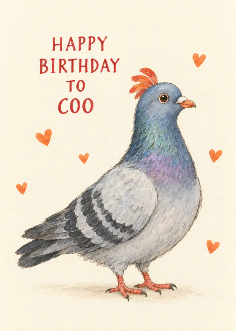 Watercolour-style pigeon with an orange crest, surrounded by orange hearts and Happy Birthday to Coo wording.