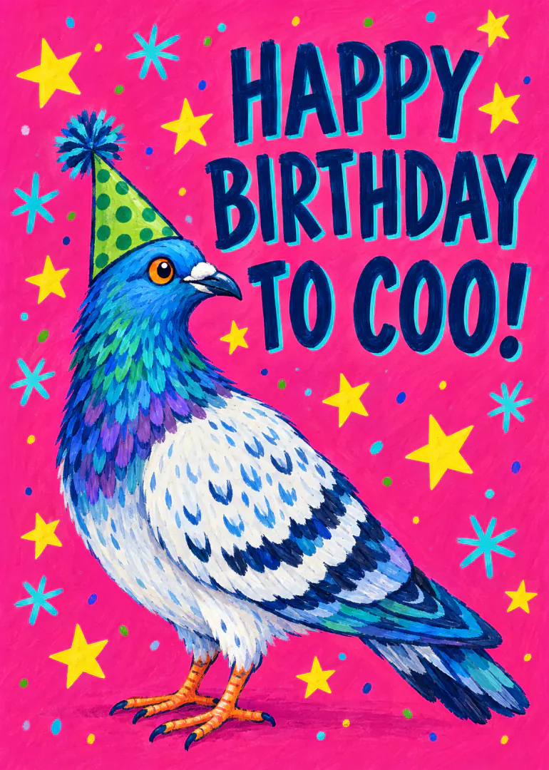 Colourful illustrated pigeon in a green party hat on a pink background with birthday lettering, stars and confetti.