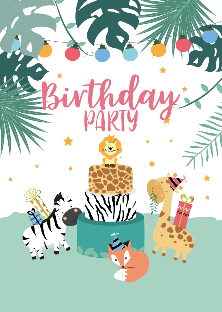 Birthday Party card with zebra, giraffe, fox and lion, tropical leaves, gifts, and party hats.