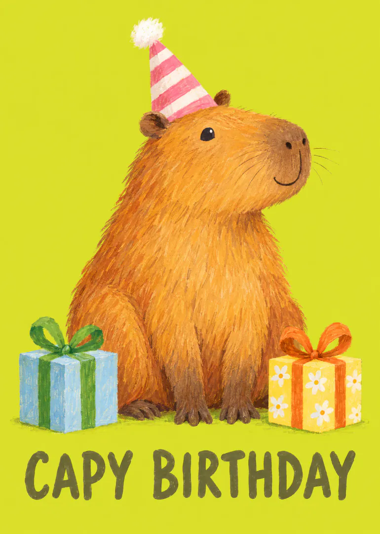 Illustrated capybara in a striped party hat beside two wrapped gifts on a bright lime green background, with the words “CAPY BIRTHDAY”.
