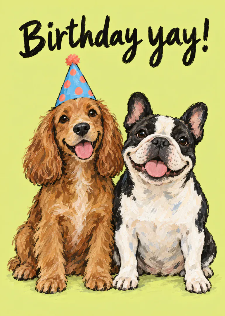 Illustrated birthday card with a golden spaniel in a party hat beside a French bulldog, with Birthday yay! lettering.