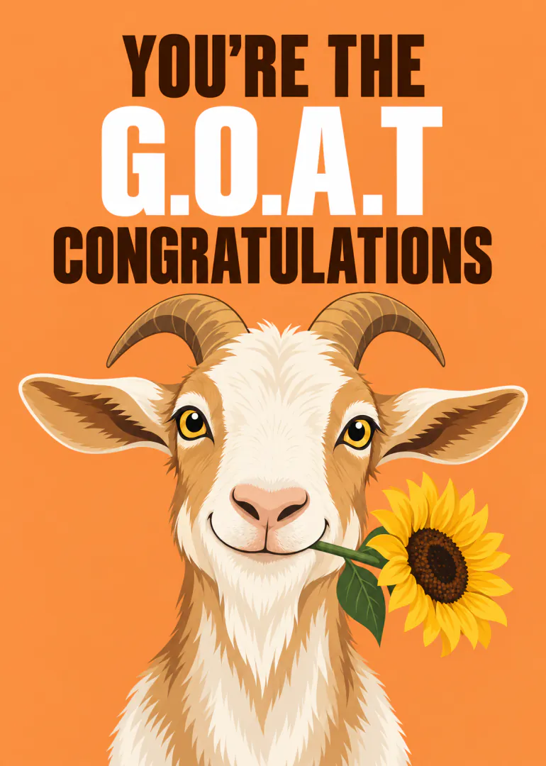 Orange congratulations card featuring a smiling goat holding a sunflower.