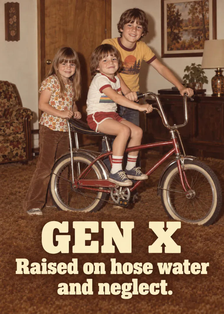 Retro-toned photograph of three children with a red bicycle, captioned “GEN X Raised on hose water and neglect.”