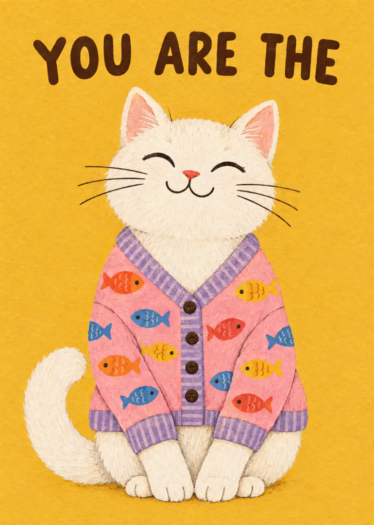 Illustrated white cat in pink fish-print pyjamas on a mustard yellow background, with the words “YOU ARE THE”.