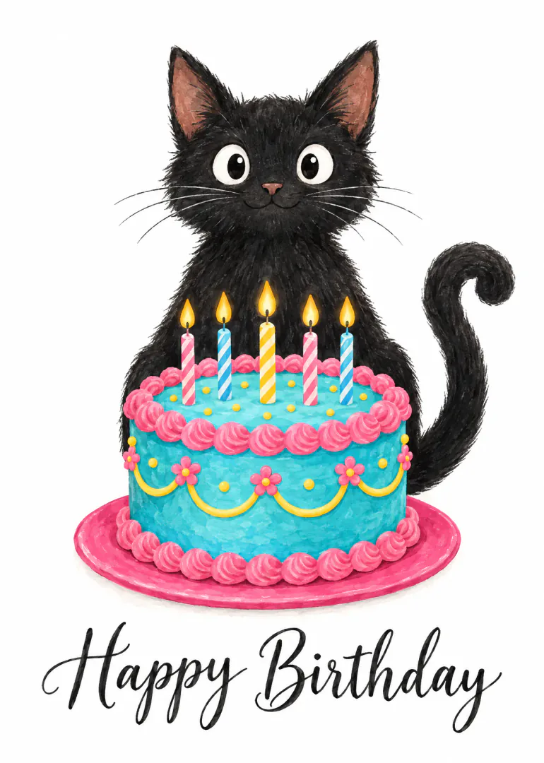 Watercolour illustration of a black cat behind a blue birthday cake with five lit candles and Happy Birthday text.