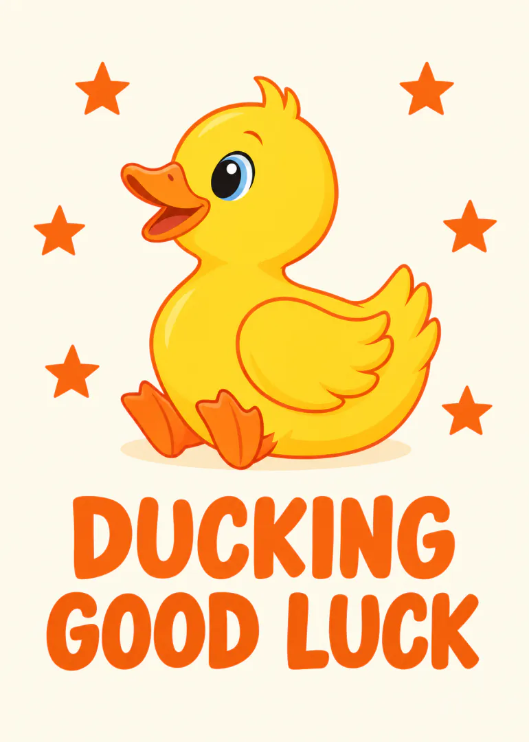 Yellow cartoon duck surrounded by orange stars above the words “DUCKING GOOD LUCK”.