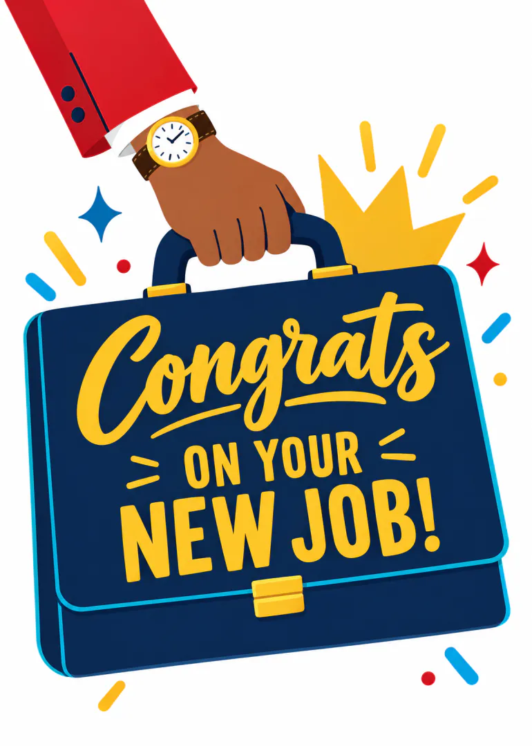 Illustrated card showing a hand holding a briefcase beneath a crown, with a new job congratulations message.