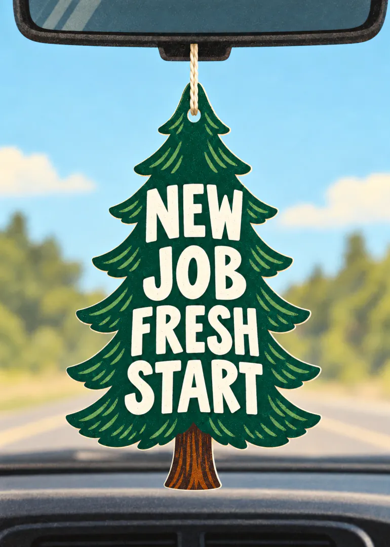 Illustrated green pine tree car air freshener reading “NEW JOB FRESH START” against a sunny road background.
