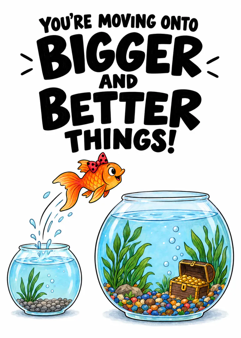 Illustrated card of a goldfish leaping from a small bowl into a large treasure-filled bowl, with a leaving message.