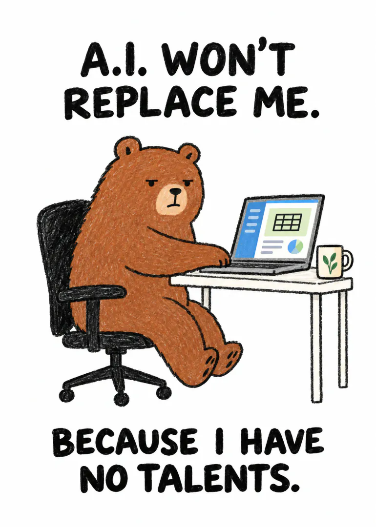 Funny illustrated card of a bear using a laptop at a desk, with a joke about AI and having no talents.