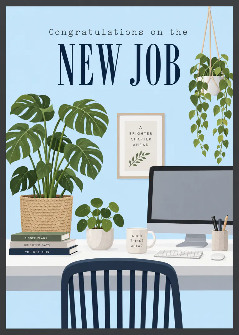 Illustrated new job card showing a bright home office with leafy plants, a computer and the words “Congratulations on the NEW JOB”.
