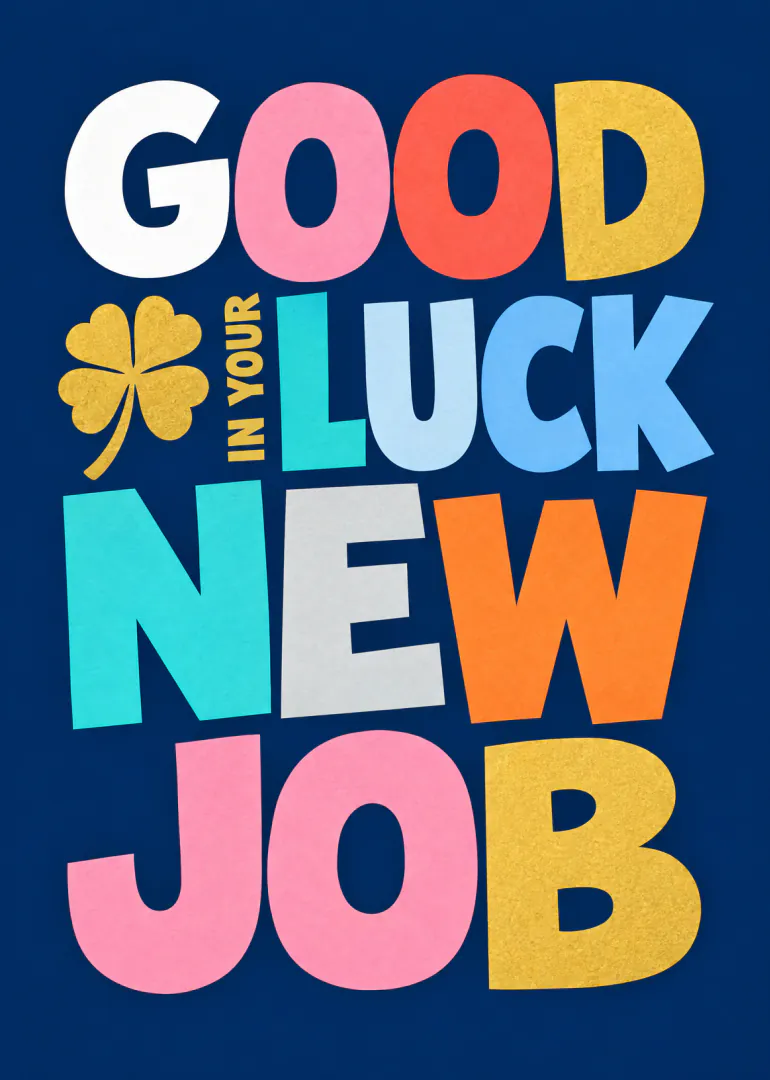 Bold colourful lettering reading “Good Luck in Your New Job” with a gold four-leaf clover on a navy background.