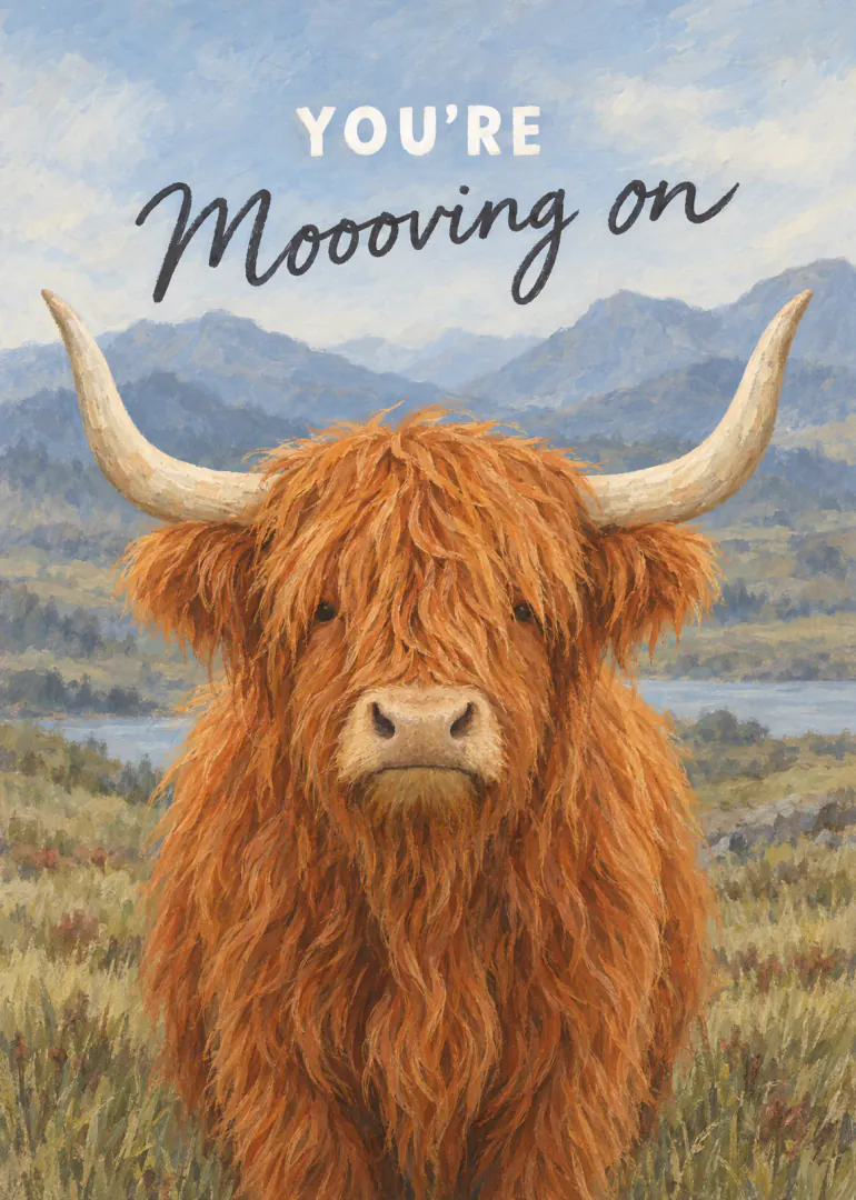 Painterly Highland cow in a mountain landscape with the words “YOU’RE Moooving on”.