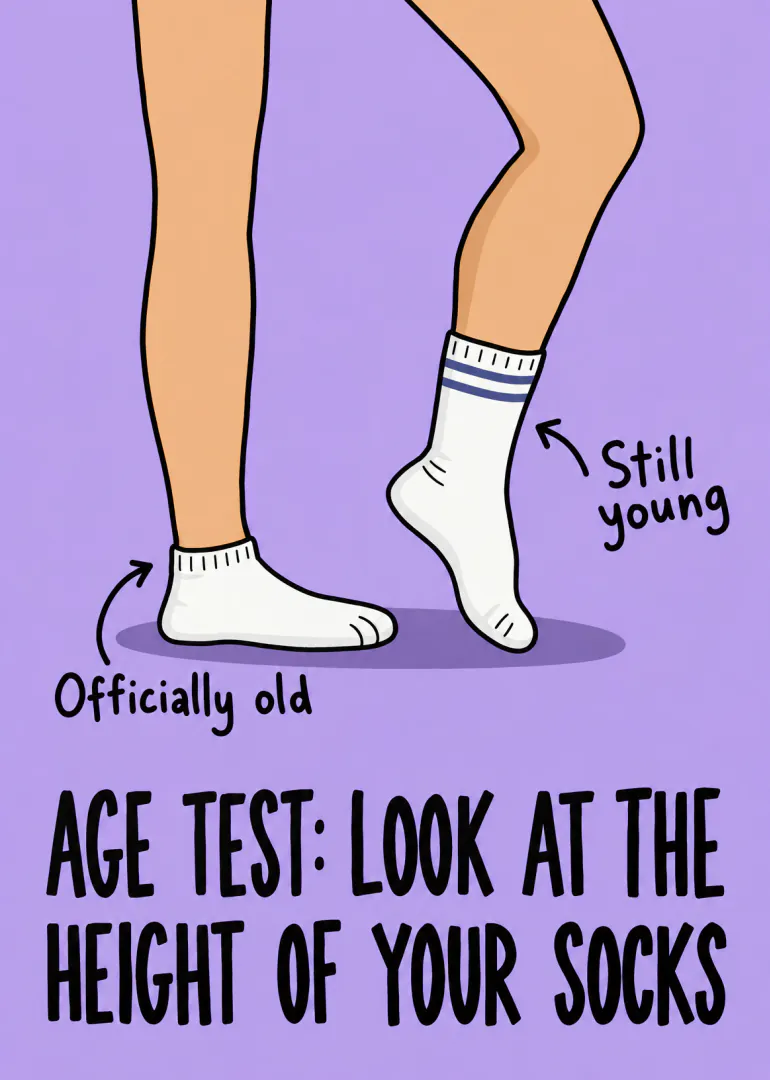 Illustrated legs in white socks with a joke about sock height and ageing on a lavender background.
